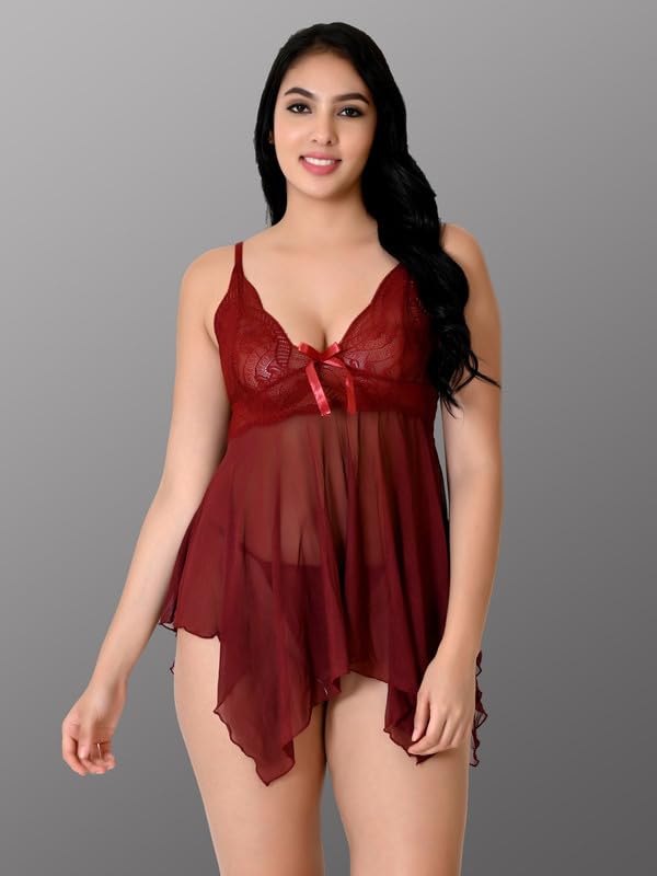Image of Net Lace Spandex Women Babydoll Nightgown Honeymoon Lingerie Nighty