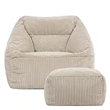Icon Natalia Sitzsack Sessel mit Hocker für Erwachsene, Beige, Flauschiger Cord Stoff, Riesen Sitzsack Cord mit Füllung, Bean Bag Chair, Bequemer Sessel Wohnzimmer, Lounge, Schlafzimmer, Büro