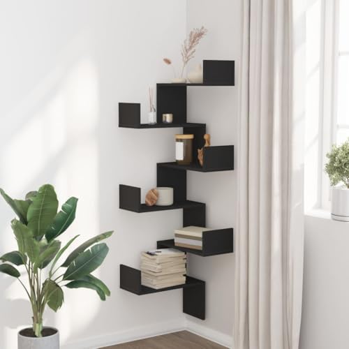 Estantería de pared de diseño esquinero en madera de ingeniería negra con repisas robustas 3