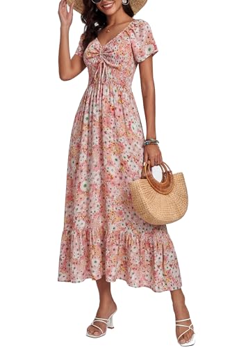 Image of Summer Smocked Boho Maxi Dress for Women 2026 Short Sleeve Floral Smocked Flowy Ruffled Beach Vacation Dresses Lightweight