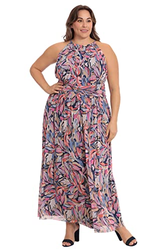 Image of London Times Women's London Times Mesh Halter Maxi Dress with Ruched Waistband Flowy Bohemian Beach Dresses