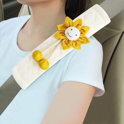 Image of Amooca Soft Auto Seat Belt Cover Seatbelt Shoulder Pad Cushions 2 PCS for a More Comfortable Driving Universal Fit for All Cars and Backpack Off-White Orange Sunflower
