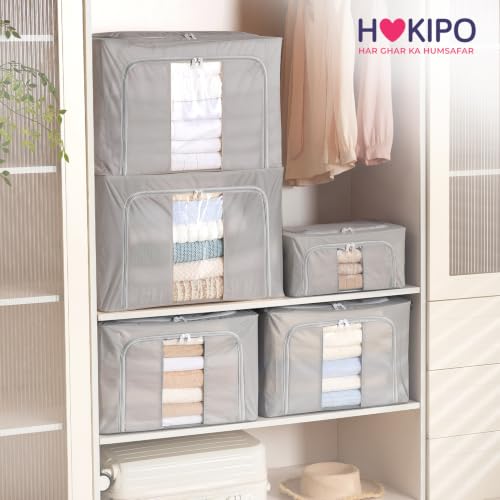 Image of HOKIPO 24L Small Folding Storage Box and Organiser for Clothes, Wardrobe Storage Box, Light Grey Pack of 1 (AR-6669-LGRY)
