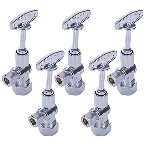 Image of Midline Valve 91358QS-OM-5 Water Supply Stop Valve with Quarter Turn Control Key; Angle Shut-off for Toilet, Sink, Dishwasher; 5 /8'' x 3 /8'' Compression; Chrome Plated Brass (5 PK)