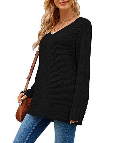 PLOKNRD Sweatshirt Femme Col en V Pulls à Manches Longues Décontractés Top Léger et Lâche Classique(Noir,S) – vue 2
