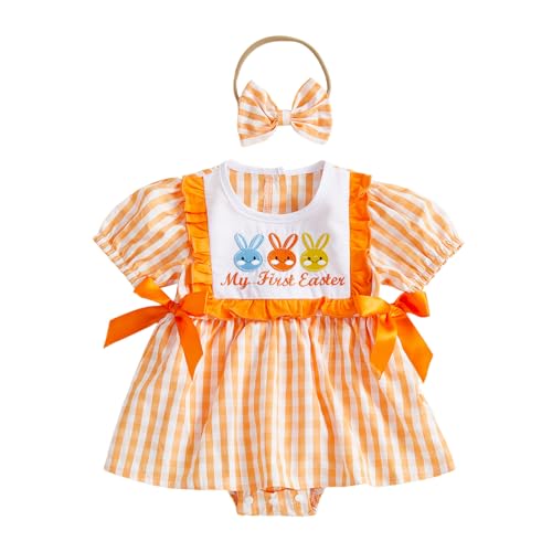 BemeyourBBs Newborn Baby Girl Easter Outfit My First Easter Romper Dress Cute Infant Girl Clothes (Bunny Striped Orange, 6-9 Months)