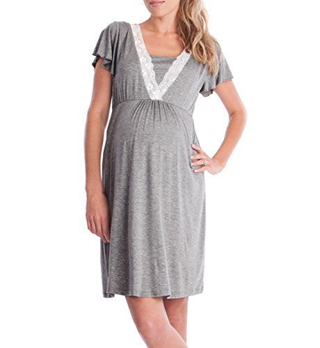 Loralie Robe de Grossesse Femme Manches Courtes Chemise de Nuit Allaitement Maternité,Gris Foncé,L Cover