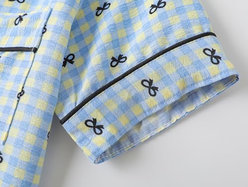 Image of Hupohoi Big Girls Button Down Pajama Set 3pcs Short Sleeve Long Pants with Shorts Crepe Wrinkled Fabric Sleepwear Nighty