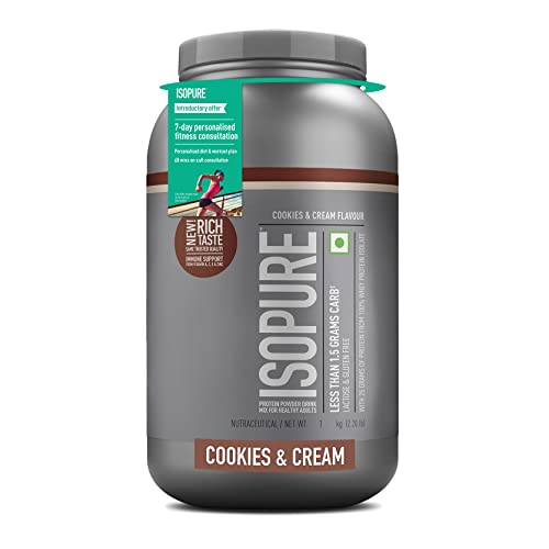 Image of Isopure Whey Protein Isolate Powder with less than 1.5gm of Carbs and Vitamins for Immune Support - 1 kg Cookies & Cream, Vegetarian protein for Men & Women. Offer Pack