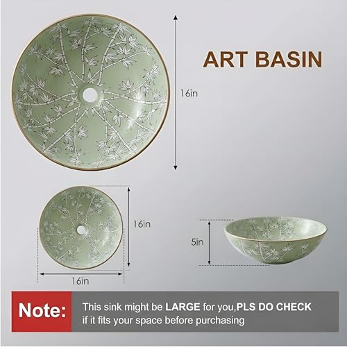 Image of BASSINO 16x16x5 Inches Designer Ceramic Table Top Wash Basin /Green Bamboo Floral Art Bowl Sink with Golden Edge for Bathroom /Handcrafted Round Countertop Washbasin for Office /Hotel(Glossy)