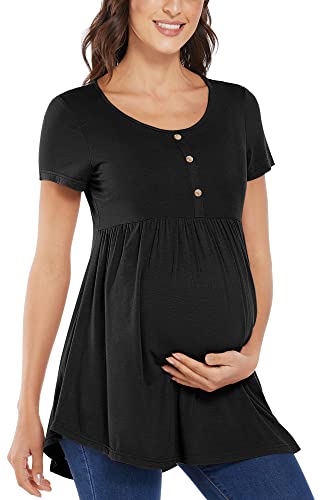 Pacbreeze Women's Maternity Top/Shirts Side Ruched Button Front Babydoll Tee Top Mama Pregnancy Clothes With Short Sleeve(Black, Medium) #TOP1