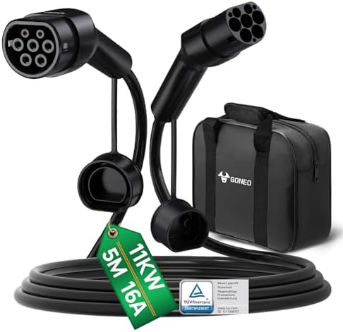 GONEO Typ 2 Ladekabel 11kW 5M 16A Ladekabel Elektroauto 3 Phasig für E Auto EV/PHEV Mode 3 mit Tasche Geeignet für Model S/3/X/Y e-Golf ID.3 i3/i8