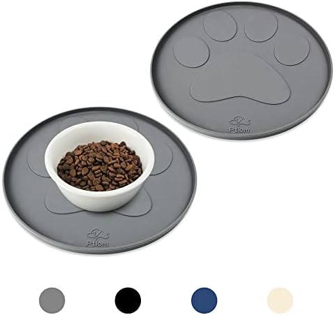 Ptlom Grey Silicone Pet Feeding Mats for Food and Water, Foldable Pet Placemat Non-Slip Waterproof Mats for Small and Medium Cats and Dogs, Raised Edge Prevents Residue from Spilling onto The Floor