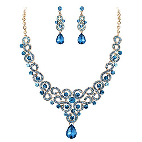 EVER FAITH Women's Austrian Crystal Wedding S-Shaped Teardrop Necklace Earrings Set Blue Gold-Tone