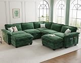 KKL Large V-Shaped Modular Sectional Sofa, 7 Seater Cloud Couch with Ottoman, Chenille Sectional Couches for Living Room, Apartment, Green