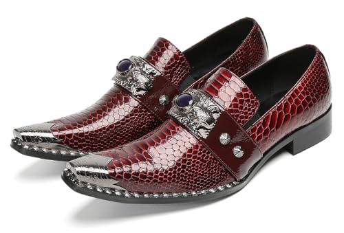 Santimon Men's Slip-On Shoes Dress Casual Loafers - Burgundy Crocodile Pattern Genuine Leather with Metal Pointed Lion Toe & Gem Detail for Luxury Wedding, Party Ballroom Disco
