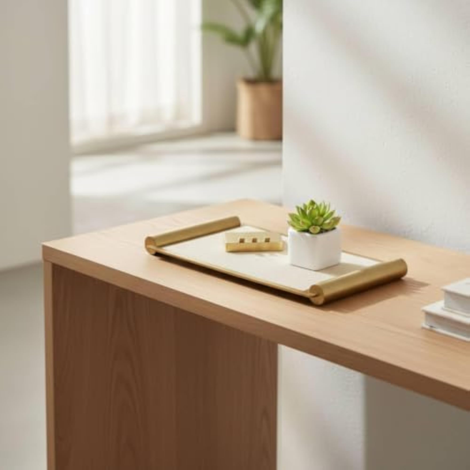 Rectangular Tray with Gold Frame, Woven-Look Decorative Tabletop Tray