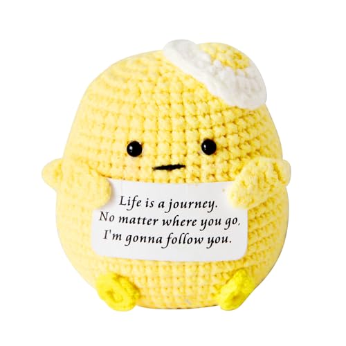 qyqkfly 1 Pcs Mini Cute Funny Positive Life Bunny Creative Knitted Animal Holding Card Crochet Easter Birthday Christmas Girls Gift(Chick)