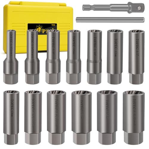 Image of Topec 15PCS Deep Bolt Extractor Kit, 6mm-19mm Nut Extractor Socket Set, 3 /8 inch Drive Rounded Bolt Remover, Spark Plug Extractor Tool for Broken, Stripped, Damaged, Rusted Stud and Bolt Nuts