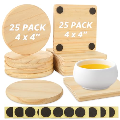 LDXDRU 50Pcs Wooden Coasters for Crafts, 4' Unfinished Wood Coasters, Square and Round Wood Coasters...