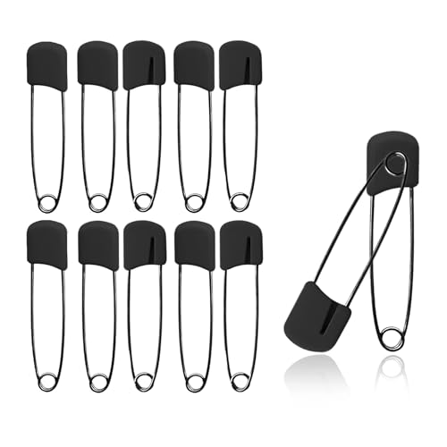 12 Baby Nappy Safety Pins, 2.2 Inch Diaper Plastic Push-in Pins, 55mm Durable Head Fasteners with Safety Lock Closures, Stainless Steel, Ideal for Terry Squares, Flat and Prefold Nappies (Black)