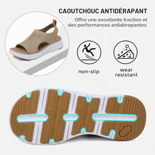 Mokayu Sandales de Sport pour Femme Orthopédiques avec Arch Support Légères Sandales Été Bout Ouvert Compensées Plate Forme Antidérapantes Marron EU41 – vue 3