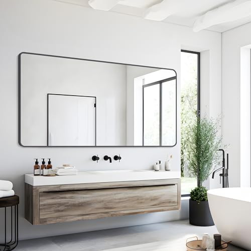 Image of DESBING 30 inch x 55 inchBathroom Mirror, Matte Black Wall Mirror with Metal Frame, Decorative Rectangular Vanity Mirror for Bedroom Bathroom Living Room Entryway (Horizontal /Vertical)