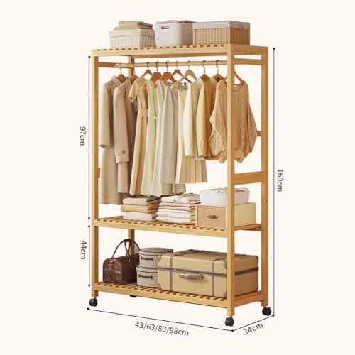 Free Standing Wooden Clothes Rack with Shelves - Bamboo Wardrobe on Wheels, Open Wardrobe for Bedroom, Garment Rack with Storage Shelf - Stylish & Functional