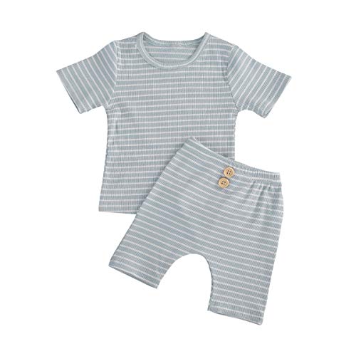 2PCS Baby Boys Girls Ribbed Knit Outfits Stripe Lounge T-Shirt Top + Pant Toddler Unisex Cotton Clothes Set (Shorts Strip Blue, 2-3Years)