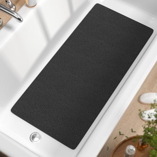 HITSLAM Bath Mat Non Slip Anti Mould, 88 x 40 cm Long Soft PVC Loofah Shower Mat for Inside Shower, Bathtub Mat without Suction Cups, Quick Drying Bath Tub Mat for Bathroom, Easy to Clean, Black