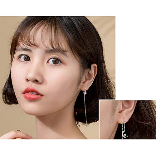 Crystal Crescent Moon Star Tassel Threader Chain Earrings S925 Sterling Silver Asymmetrical Dainty CZ Crystal Rhinestone Dangling Charm Sun Long Chains Earring Jewelry for Women Girls3