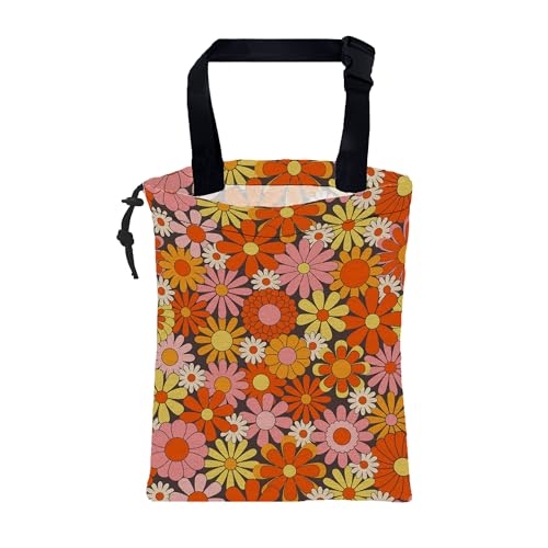 Image of Car Trash Bag Retro Abstract Groovy Flowers Hanging Drawstring Car Organizer and Storage Bag with Adjustable Buckle Canvas Garbage Bin for Back Seat or Hanging Headrest Car Decor Road Trip Essentials