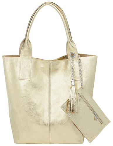 Caspar große Wildleder Shopper Schultertasche XL Damen Handtasche aus Leder mit stylischer Metallkette & kleiner Zusatztasche - CLASSIC LINE - Modell No.828 - Made in Italy, Farbe:gold metallic