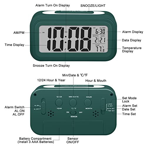 Miniatura 2 de Sarsumir Despertador Digital Despertador Despertador Mañana Silencioso E Inteligente A Baterías Con Led Despertador Luminoso Con Función Snooze Fecha Temperatura Para Niño, Niña Niño, Verde Oscuro
