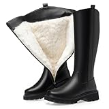 Altura del tubo: 33 cm. Botas Altas de Montar hasta la Rodilla para Mujer, Botas de Cuero cálidas con Forro de Piel, Botas largas con Cremallera Lateral y tacón bajo, Botas de Nieve de Invierno,Negro,41 EU