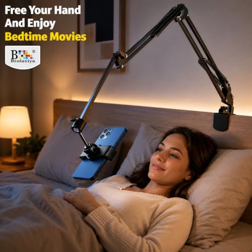 Image of BROLAVIYA Overhead Video Mobile and Tablet Stand, New Extra Long Arm, 1 /4 inch Head 2 Way Base clamp, and Brackets for Mobile Phone and Tablet, for Overhead Video, Desktop, Bedroom, Office, Black