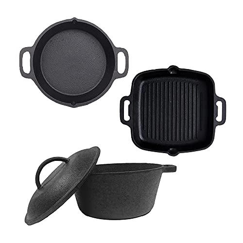 70’s Kitchen Pre-Seasoned Cast Iron Cookware Combo Set – Dutch Oven (5ltrs) Grill Pan (10.8Inch) & Double Handle Skillet Pan (10Inch) for Cooking