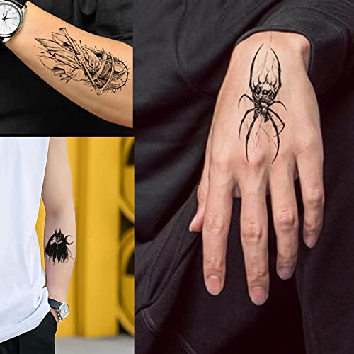 Glaryyears Temporary Tattoo For Men, 48-Pack 12 Large 36 Small Fake Tattoos, Long-Lasting Realistic Tattoo Stickers, Cool Skull Snake Death Designs For Adults Women, Black Body Half Arm Tattoos #TOP4