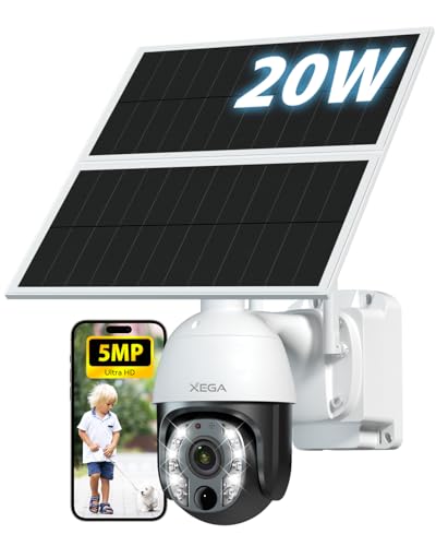 Xega 5MP【10X Zoom Ottico】 Telecamera 2.4GHz Wi-Fi con 20W Pannello Solare 30,000mAh Batteria Registrazione 24/7 Rilevamento del Movimento Umano 100ft Visione Notturna Colori Audio Bidirezionale IP65