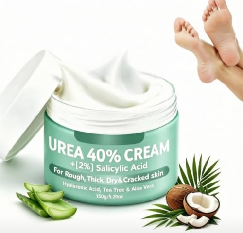 Crema Urea,Crema Urea al 40 Por Ciento,Crema Pies Secos y Agrietados,Manos,Codos,Hydratación Produnda con ácido Hialurónico,árbol de té y Aloe Vera para Pies más Lisos y Suaves,150g