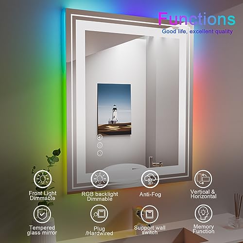 LED Mirror for Bathroom, 30"X36" with 8 RGB Backlit +3 Front Lit (Adjustable Individually), Anti-Fog, Lighted Bathroom Vanity Mirror for Wall, Shatterproof, Memory Function, Tempered Glass