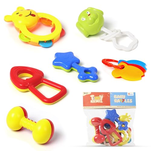 Image of Baby Rattle Set with Teether, 6 Pcs Baby Toys for Infants | BPA-free, lightweight design with smooth edges encourages grasping, sensory learning and comfortable everyday use