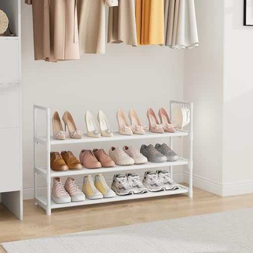 Image of VILICK Shoe Rack for Closet Shoe Organizer Space Saver Storage for 12-15 Pair Shoe Shelf with Hook Free Standing 3 Tier Shoe Rack Organizer for Entryway, Small Spaces, White