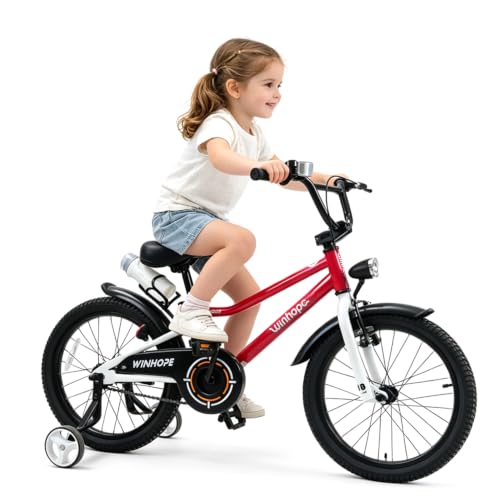Image of WinHope Kids Bike with Headlight, 12-20 Inch Pedal Bike for 2-12 Boys Girls | Dual Brake with Training Wheels Water Bottle for Summer Outdoor Riding Birthday Gift for Toddlers