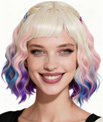 NiceLisa Colorful Wavy Women Werewolf Wig Cosplay Costume Wigs Blonde Blue Pink + 2 Hairpins