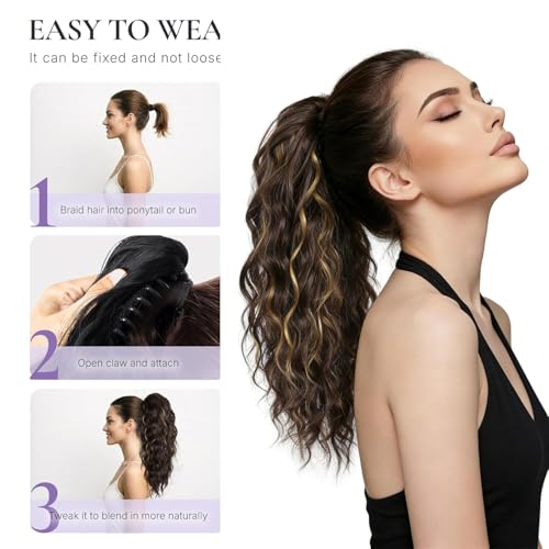 Image of Ponytail Extension, 18 to 20 inch Long Curly Wavy Claw Clip in Ponytail Hair Extensions, Jaw Clip on Pony Tails Fluffy Hairpiece for Women Daily Party Use, Brown Color with Highlights (Highlights)