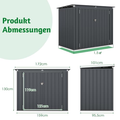 GOPLUS Gerätehaus Metall 1,5 m², Geräteschuppen mit Klappdeckel & 2 Türen, Mülltonnenbox Müllhaus für 2 Mülltonnen, Gartenschuppen Gartengerätehaus für Farm, Terrasse, 172 x 101 x 130 cm (Dunkelgrau)