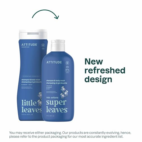 Image of ATTITUDE Shampoo and Body Wash for Kids, EWG Verified Hair and Body Cleanser, Dermatologically Tested Soap, Plant and Mineral Based Bath Products, Vegan, Blueberry, 16 Fl Oz