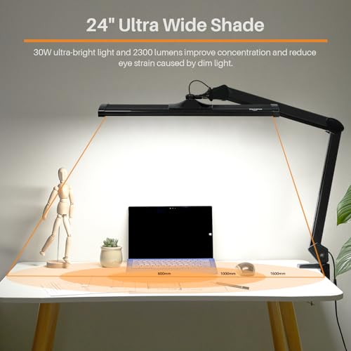 Image of 24-Inch LED Architect Desk Lamp with Clamp, 30W 2300LM, Black CCT | 360 SMD LEDs deliver flicker-free lighting with 5 color modes, 5 brightness levels, and reinforced dual metal arms