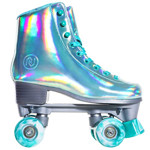 Jajahoho Roller Skates For Women, Mint Green Holographic High Top Faux Leather Rollerskates, Shiny Double-Row Four Wheels Quad Skates For Girls And Age 8-50 Indoor Outdoor (Mint Green, Size 5) #TOP5